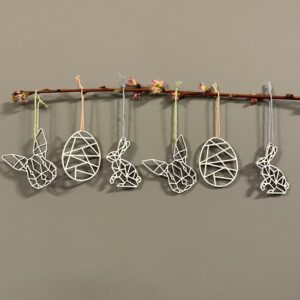 Paastak Hangers Geometrische Figuren WIT  - 6 stuks - Pasen - Paasdecoratie - Paasversiering - Paastak - Houten Decoratie - Geometrische figuren - Paashaas - Paaseieren - Paaseitjes