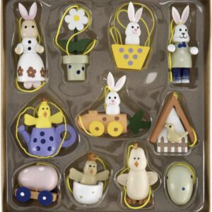 Houten 3D paashangers - Pasen - paasdecoratie - paasversiering - paashaas - paasei - 11 stuks